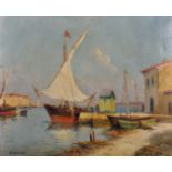 R… U… Rinaldi (20th Century) Italian. A Harbour Scene with Figures and Boats, Oil on Canvas, Signed,