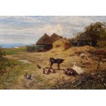 Tom Lloyd (19th Century) British. A Farm Scene with Hay Stacks, with Cattle and Chickens in the