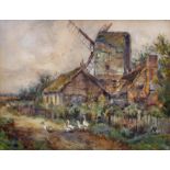Sidney Grant Rowe (1861-1928) British. A Farm Scene with a Windmill and Geese in the foreground,