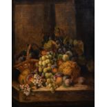 19th Century English School. A Still Life of Fruit and a Wicker Basket on a Ledge, Oil on Canvas,