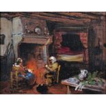 Jules Rene Herve (1887-1981) French. Figures Knitting around a Fireplace, Oil on Canvas, Signed, and