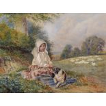 F…C… Harris (19th Century) British. A Girl and Dog Sitting in a Field, watching the Sheep,