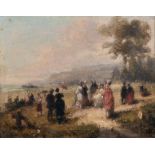 Early 19th Century English School. A Coastal Scene with Elegant Figures, Oil on Canvas, 7.5” x 9.