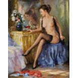 Konstantin Razumov (1974- ) Russian. “Scantily Dressed Lady”, sitting at her Dressing Table, with