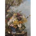 20th Century French School. Still Life of Flowers in a Chinese vase, Oil on Canvas, Indistinctly