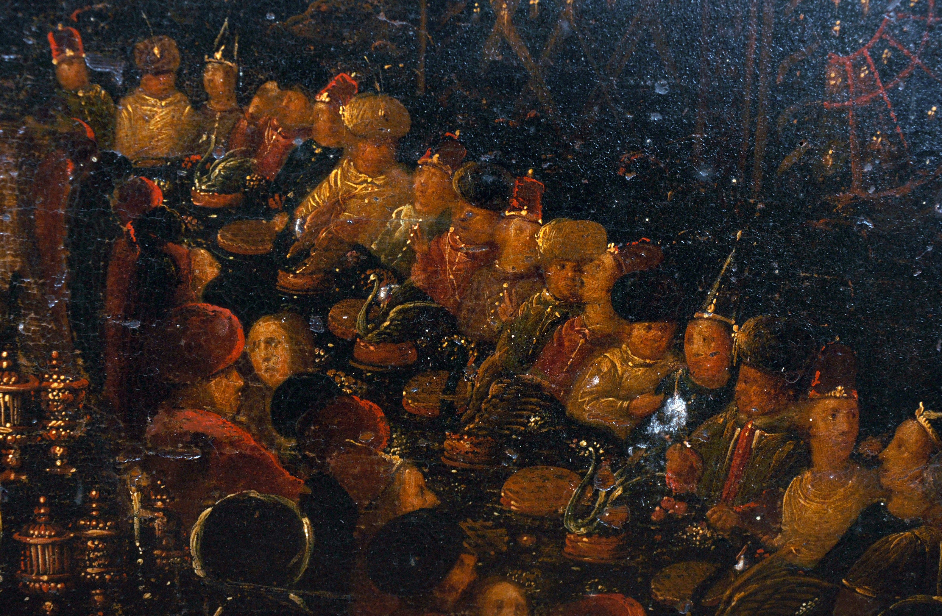 16th Century Northern European School. A Majestic Feast with Numerous Figures, Oil on Panel, Shaped, - Image 5 of 7