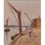 J… H… Guild (19th Century) British. A Boat Moored by a Harbour Wall, with a Figure on the Path,