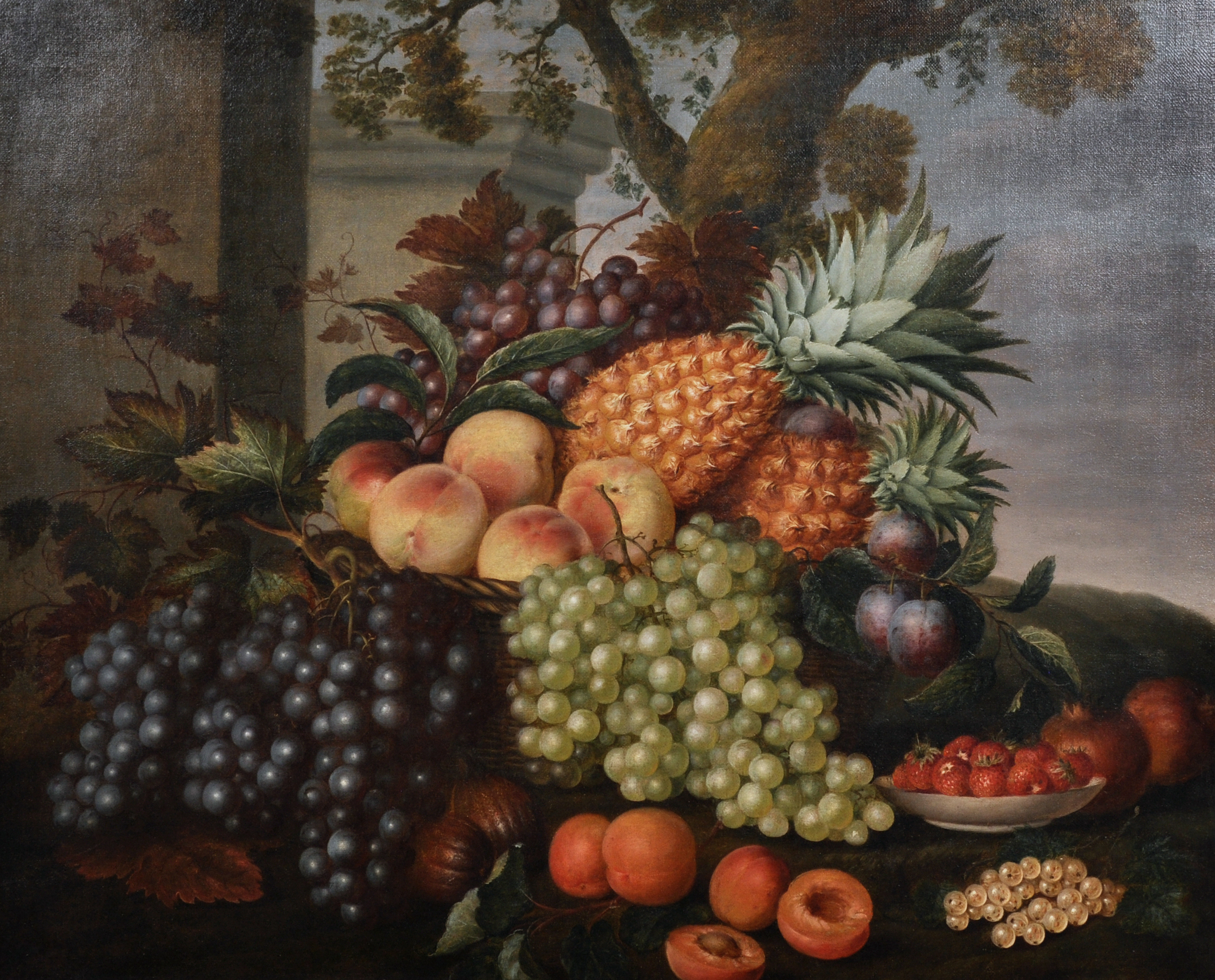 19th Century French School. Still Life of Fruit in a Basket on a Ledge, Oil on Canvas, in a French