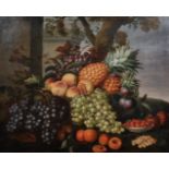 19th Century French School. Still Life of Fruit in a Basket on a Ledge, Oil on Canvas, in a French