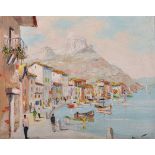 Cecil Rochfort Doyly-John (1906-1993) British. “Bonifacio, Italy”, a Harbour Scene with Figures, Oil