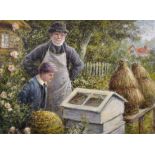 Percy Tarrant (1855-1934) British. “Old Frank’s Bees”, with a Young Boy Inspecting the Beehives, Oil