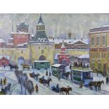 Alexandre Zinkovsky (1946- ) Russian. “The Old Moscow”, Figures in Horse Drawn Carriages in a