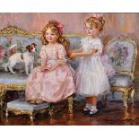Konstantin Razumov (1974- ) Russian. "Before the Party", Two Girls with a Small Dog, Oil on