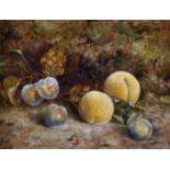 Mary Ensor (act.c.1863-1897) British. Still Life of Peaches and Plums on a Mossy Bank, Oil on Board,