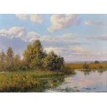 Yuri Krasilnikov (20th Century) Russian. A Summer River Landscape, Oil on Board, Incised Signature