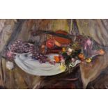 20th Century English School. A Still Life of Fruit and Flowers with a Violin on a side Table, Oil on