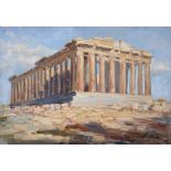 20th Century Greek School. The Parthenon, Oil on Card, Indistinctly Signed and Inscribed on the