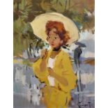 Pierre Grisot (1911-1995) French. A Young Girl with an Umbrella, Oil on Canvas, Signed, 14” x 10.75”