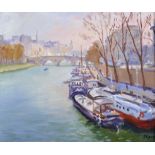 Norman B… Edgar (1948- ) British. Moored Longboats on the Seine, Oil on Canvas, Signed, 10” x 12” (