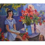 Viktor Fedorovitch Vassine (1919-1997) Russian. “Young Girl with Red Flowers”, Oil on Canvas, Signed