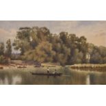 Coke (19th – 20th Century) British. Hampstead Ponds a Tranquil River Landscape, with Figures in a