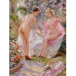 Konstantin Razumov (1974- ) Russian. “In the Hammock” Two Naked Ladies by a Hammock, in a Flower