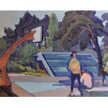 Viktor Fedorovitch Vassine (1919-1997) Russian. “At the Stadium”, Figures beside a Basketball Court,