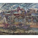 George Hann (1900-1979) British. A River Landscape with Moored Boats, and a Townscape beyond, Oil on