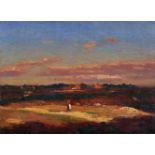 20th Century Russian School. A Landscape at Dusk, with a Figure in the foreground, Oil on Canvas,