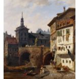 Christian Johannes Wilberg (1839-1882) German. ‘Bamberg, Germany’, a River with Figures unloading