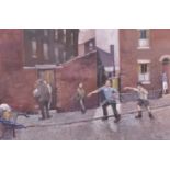 F… Brown (20th Century) British. A Street Scene with Boys Playing, Oil on Canvas, Signed, 24” x