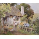Joshua Fisher (1859-1930) British. “Old Cottage, Lower Bebbington [sic]”, with a Young Girl with