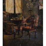 Justice (20th Century) British. A Drawing Room Interior, with Chairs around a Circular Table, Oil on