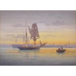 George Wolfe (1834-1883) British. A Sailing Ship at Sunset, on the Thames, Watercolour, Signed,