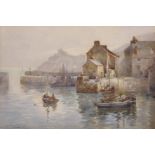 Herbert Edward Butler (1861-1931) British. “Polperro Harbour”, with Figures in Boats in the