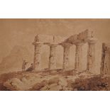 Early 19th Century English School. A View of the Corinth Temple, with Figures, Sepia, 8” x 12.25” (