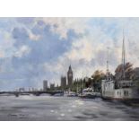 Ivan Taylor (1946- ) British. “River Thames”, with Big Ben in the distance, Oil on Board, Signed,