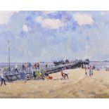20th Century English School. “Yarmouth Jetty”, with Figures on the Beach, Oil on Board, Indistinctly