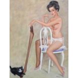 Ernest Hyde (20th Century) British. A Semi Naked Girl, straddling a Chair, and holding a Stocking,