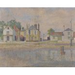 Derek Mynott (1926-1994) British. “Village in Essex, 1958”, Oil on Canvas, Inscribed on the reverse,