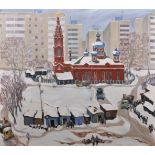 20th Century Russian School. A Snow Covered Winter Street Scene, Signed with Motif, and Signed,