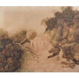 18th Century English School. A Waterfall Scene with Figures Fishing, Watercolour, in a Fine Gilt