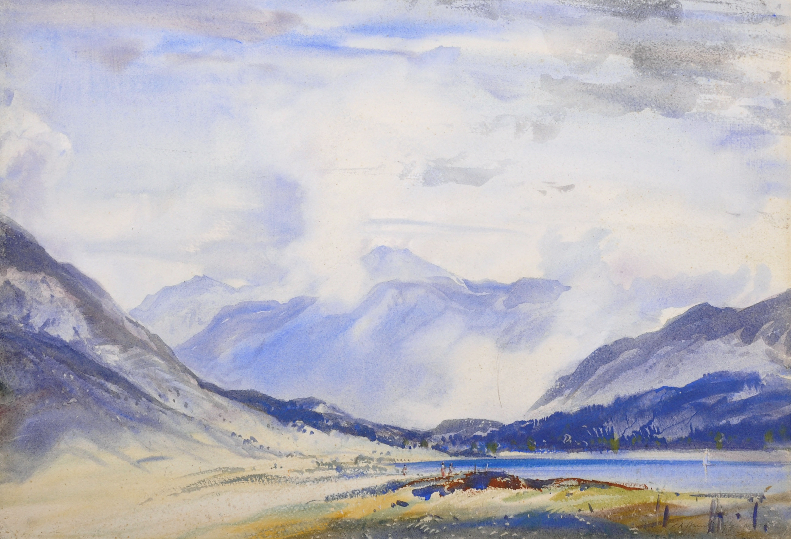 Cecil Arthur Hunt (1873-1965) British. “Glen Nevis”, a Mountainous River Landscape, Watercolour,