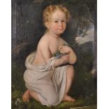19th Century European School. A Naïve Portrait of a Young Girl Holding Flowers, Kneeling at the
