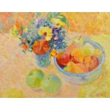 Paul Riley (1944- ) British. “Peaches and Marigolds”, Still Life on a Table, Oil on Canvas, Signed
