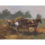 Ken Moroney (1949-2018) British. “Loading Cart”, Oil on Board, Signed, and Inscribed on a label on