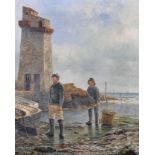 J… H… Blunt (19th – 20th Century) British. Fishermen Carrying in the Nets, Oil on Canvas, Signed,