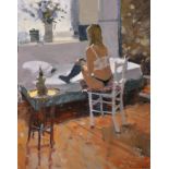 Ken Howard (1932- ) British. “Loraine and Summer Flowers”, in Her Underwear, Oil on Canvas,