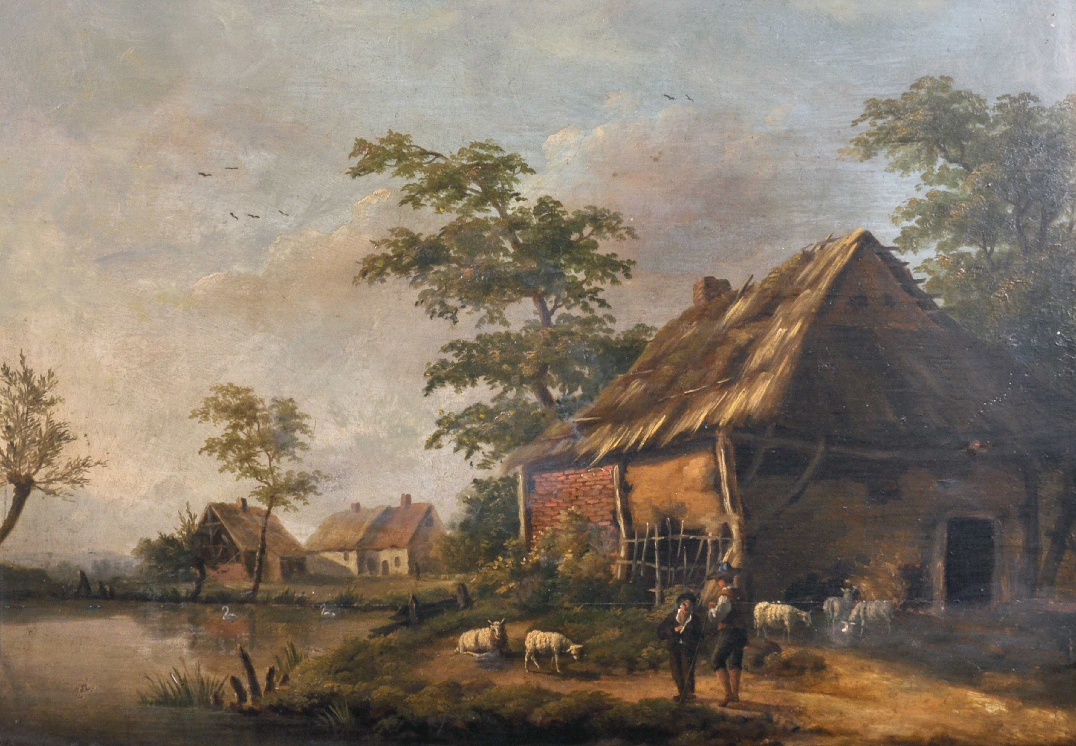 18th Century Dutch School. A River Landscape, with Figures and Sheep by Farm Buildings, Oil on