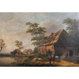 18th Century Dutch School. A River Landscape, with Figures and Sheep by Farm Buildings, Oil on